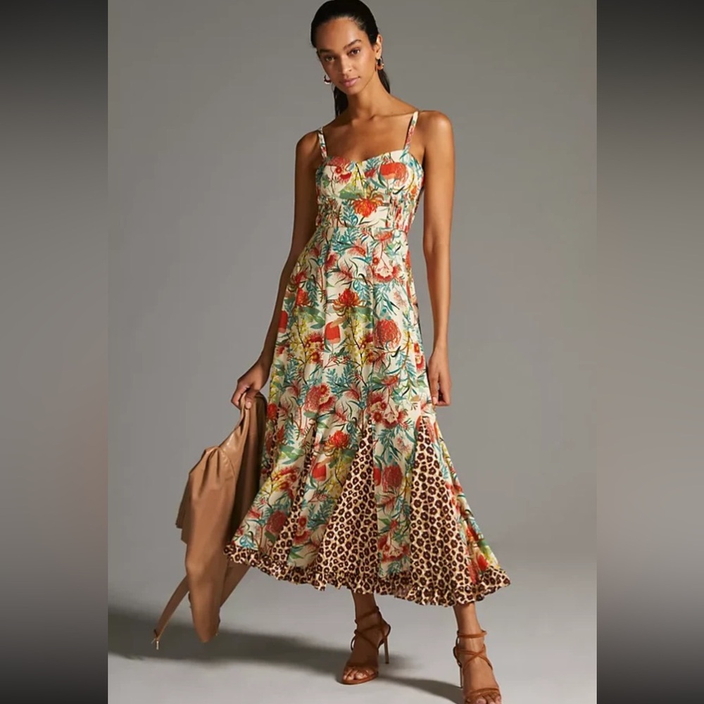 Hutch Corset Multicolor Floral and Leopard Midi Dress